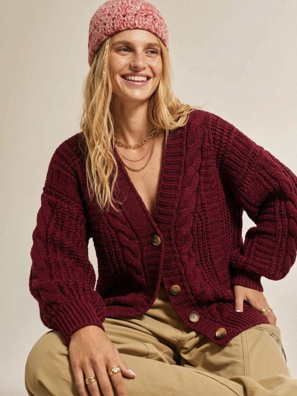 Oversized Burgundy Cable Knit Cardigan Long Sleeves Hip Length Buttoned